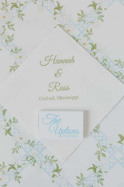 Custom wedding cocktail napkins with matches