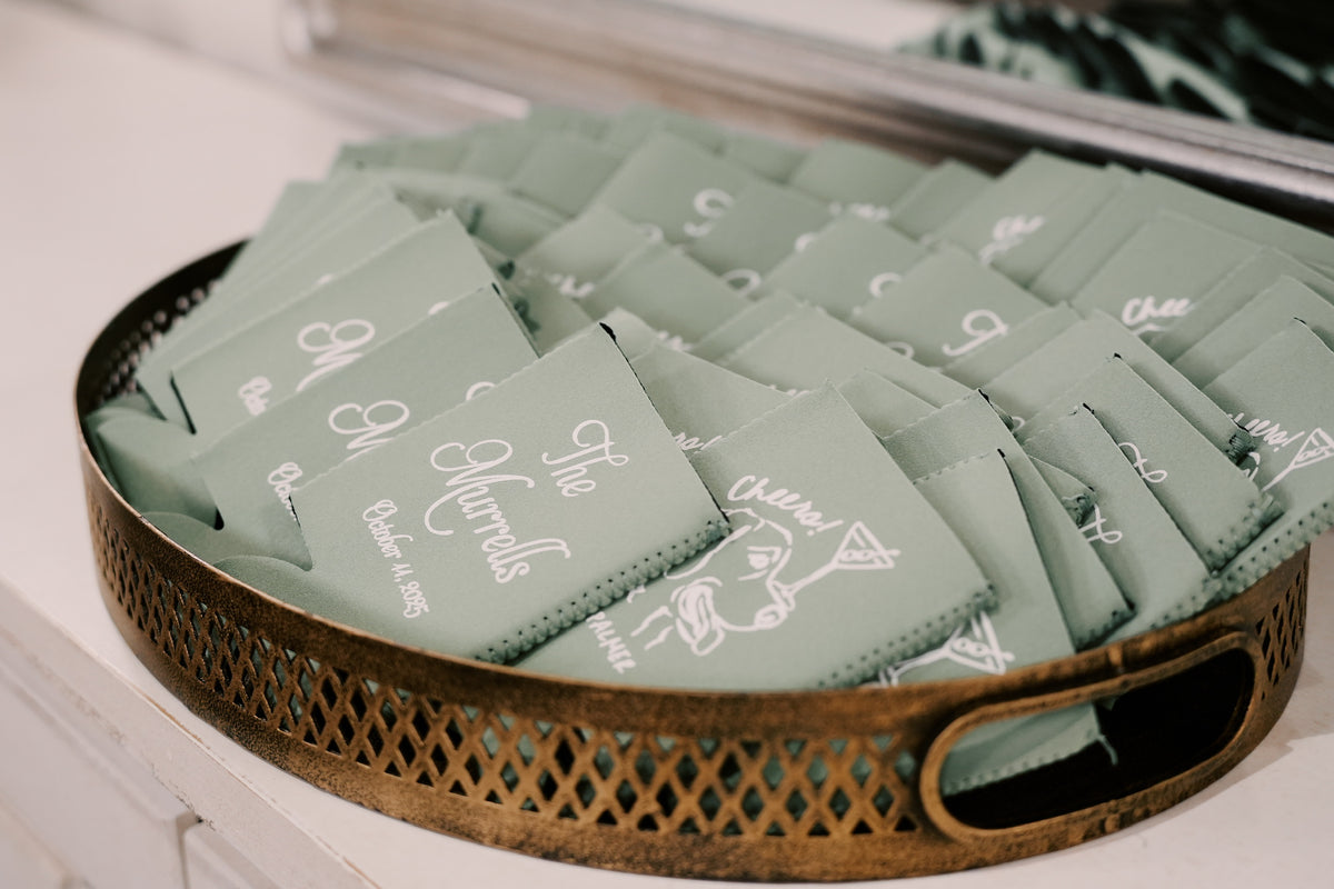 Custom neoprene koozies on a tray