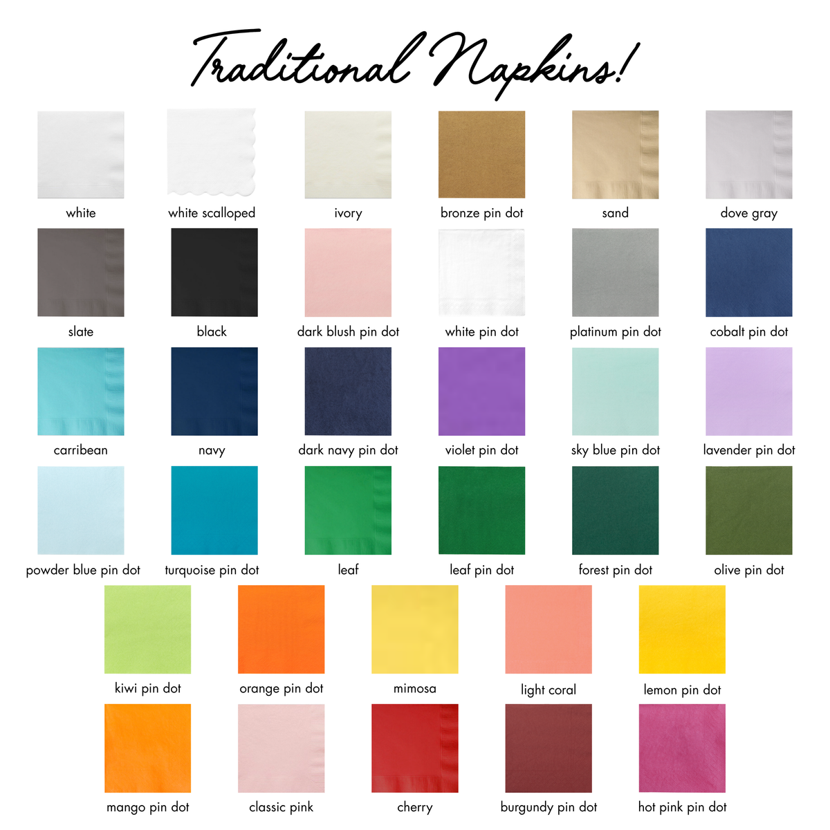 Custom Traditional Cocktail Napkins - napkin color chart