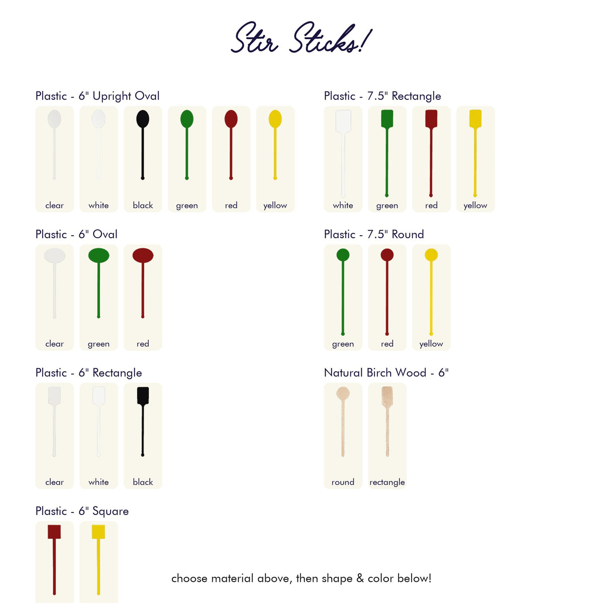 Custom Stir Sticks - shape and color chart